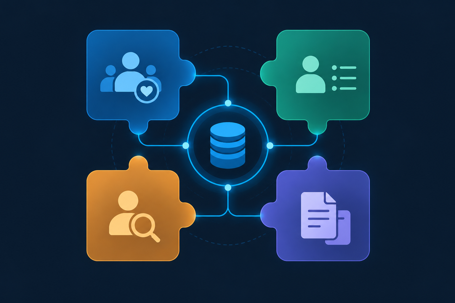 Synvolution Flow illustratie: vier gekoppelde modules rond een centrale database